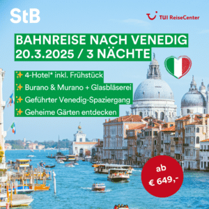 Es ist ein Werbebanner für eine Bahnreise nach Venedig zu sehen.